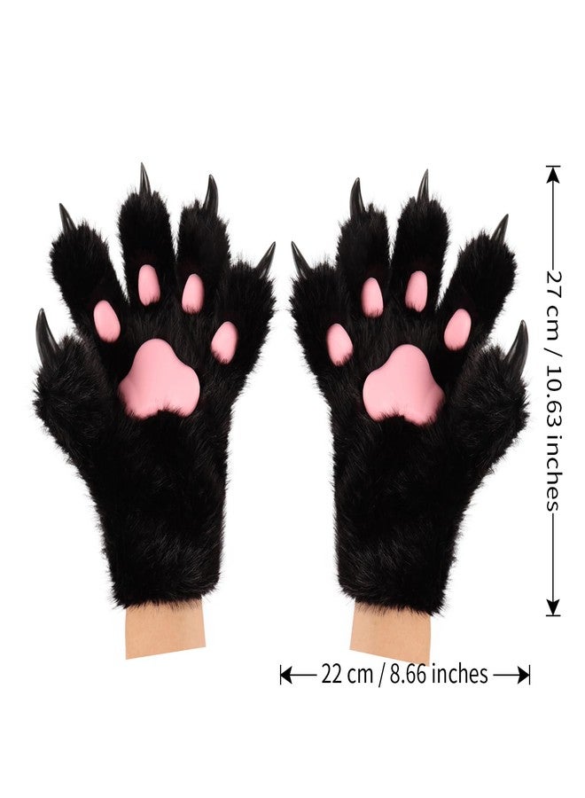 HAOAN Wolf Paw Gloves Faux Fur Cat Fingerless Mittens Winter Warm Cosplay Halloween Fancy Party Costume Accessories (black01) - Image 2